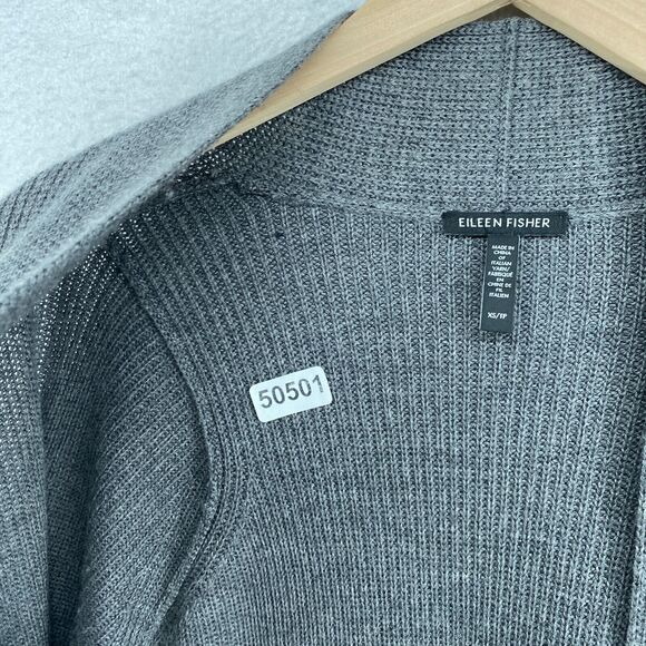 EILEEN FISHER Cardigan XS Extra Fine Merino Wool Rib Open Front Long Sleeve Gray - Picture 14 of 14